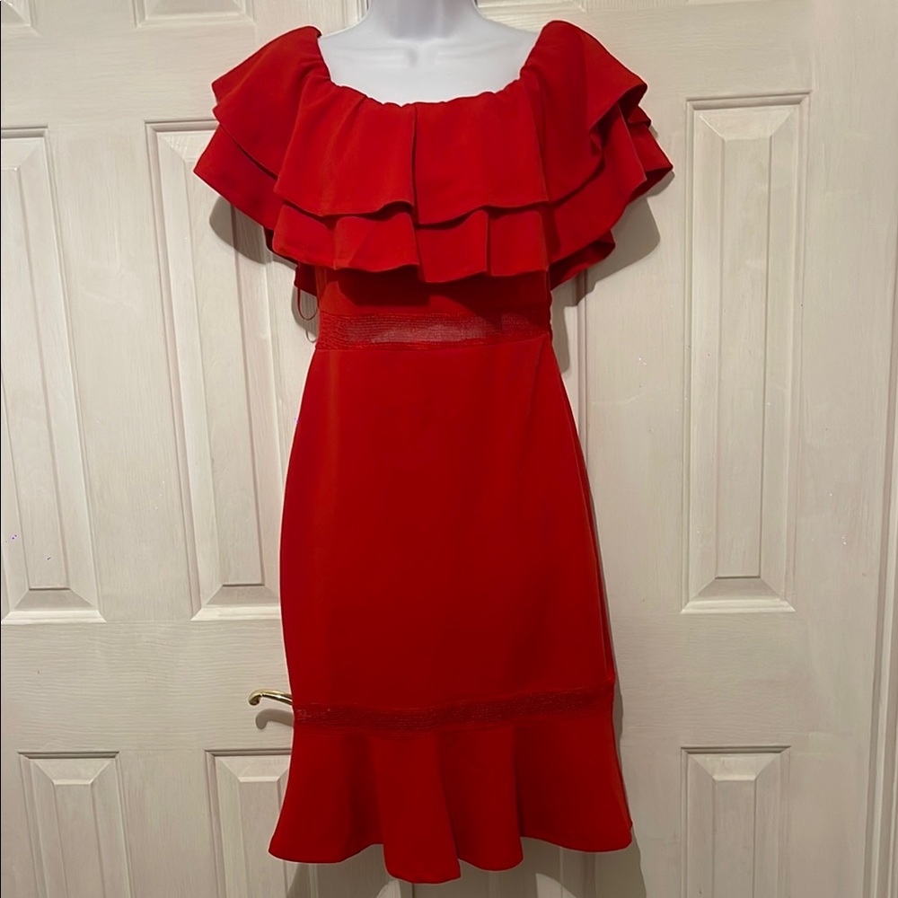Betsy & Adam Red Ruffled Off-the-Shoulder Cocktail Dress